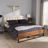 Baxton Studio BBT6652-Light Beige-King-6086-1 Mitchell Rustic Industrial Walnut Wood Beige Fabric Dark Bronze Metal King Size Platform Bed